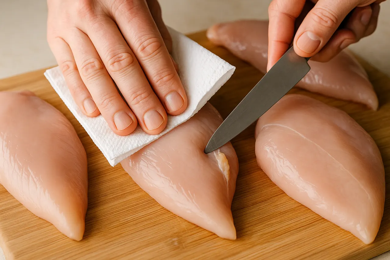 How to butterfly and pound chicken breasts for even cooking — Step 2: Trim and pat dry