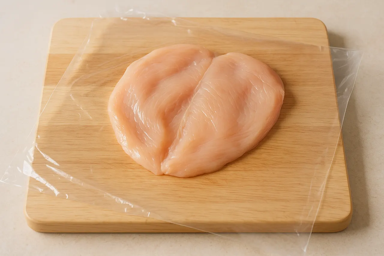 How to butterfly and pound chicken breasts for even cooking — Step 5: Cover with plastic and secure
