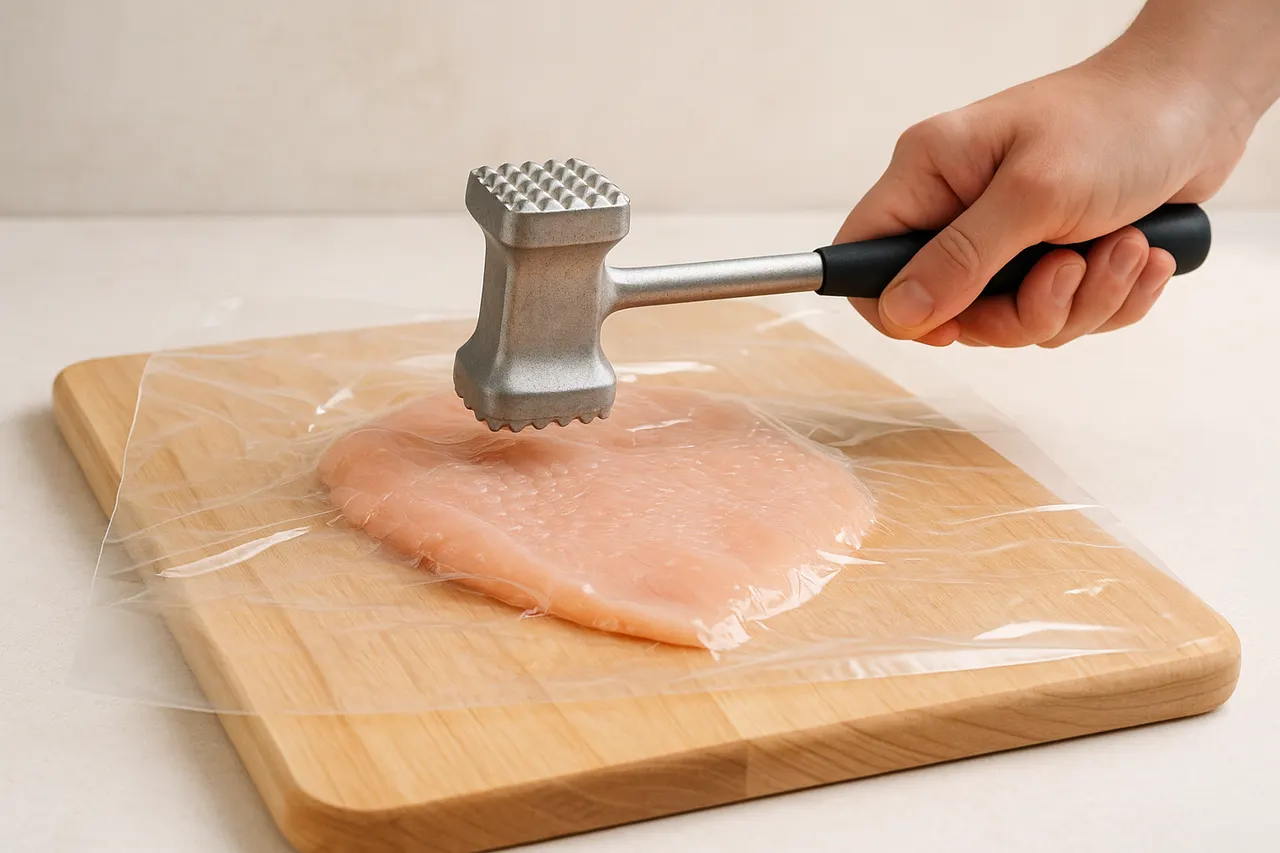 How to butterfly and pound chicken breasts for even cooking — Step 6: Pound gently and evenly