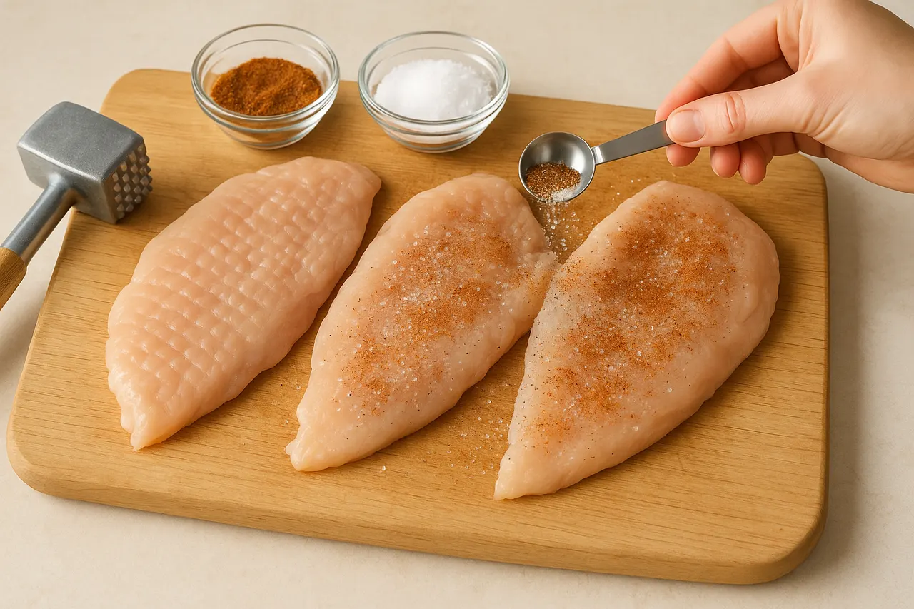 How to butterfly and pound chicken breasts for even cooking — Step 7: Check and season before cooking