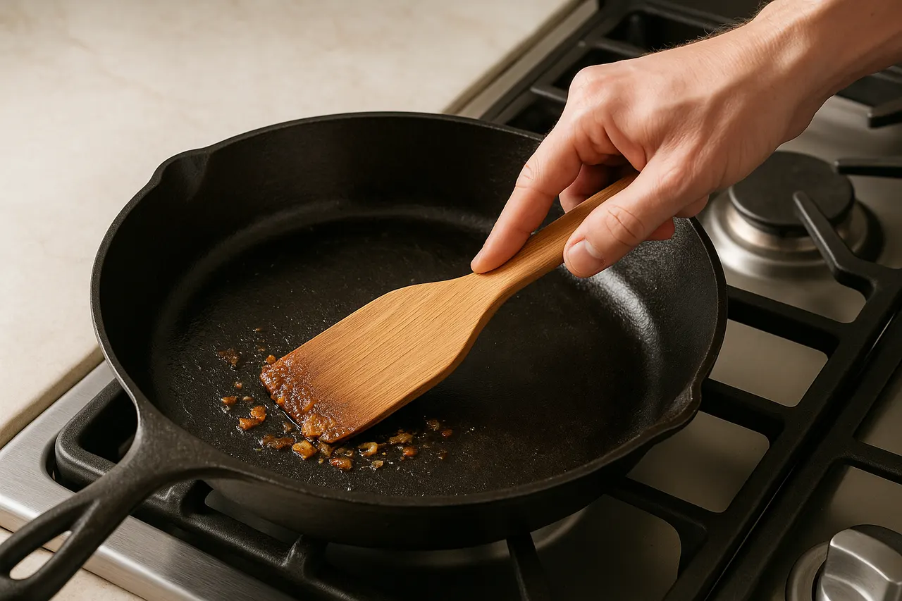 How to clean and season a cast iron skillet — Step 1: Cool and scrape food debris