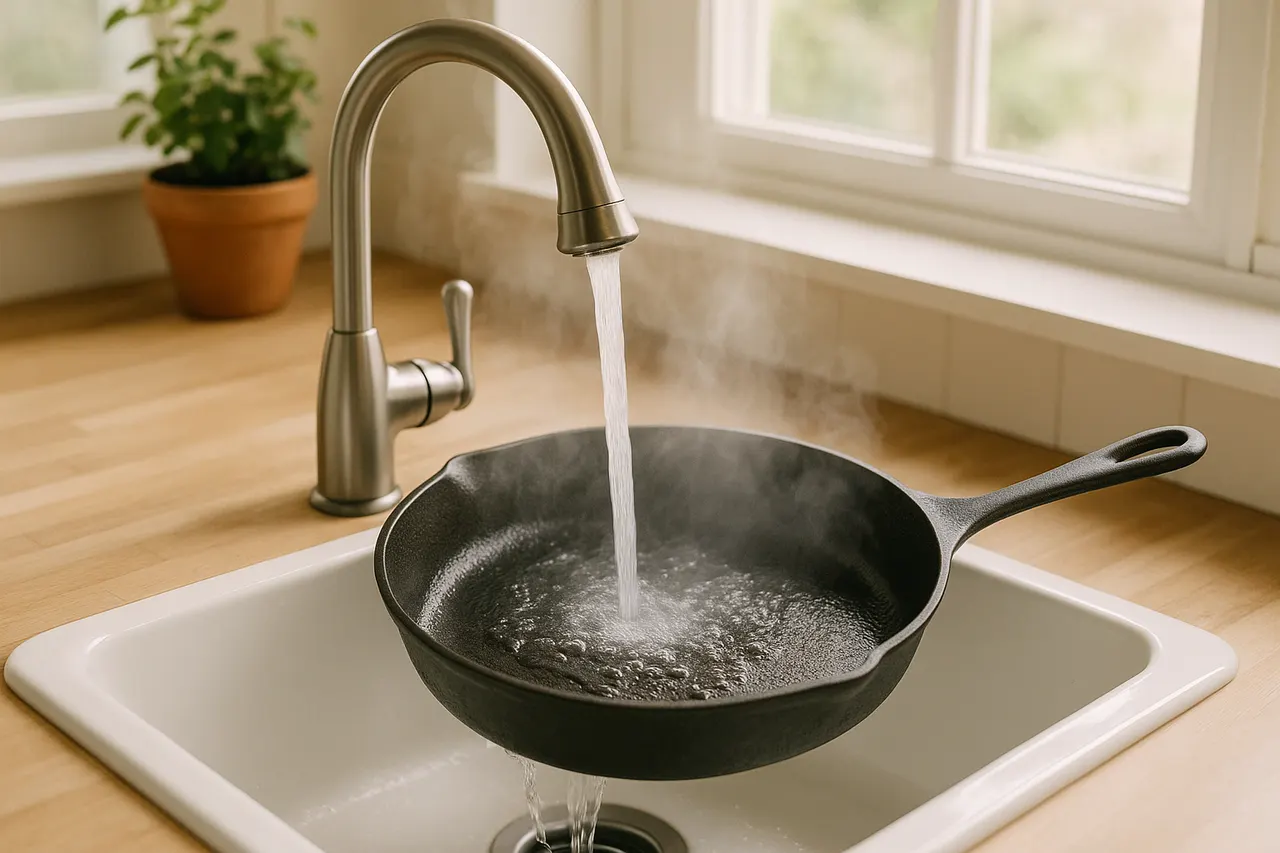 How to clean and season a cast iron skillet — Step 2: Rinse with hot water