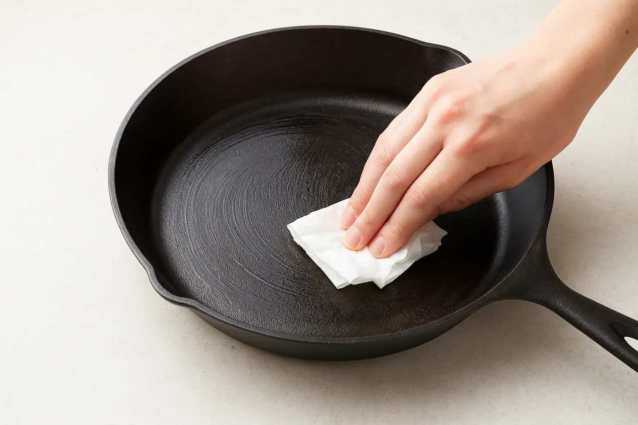 How to clean and season a cast iron skillet — Step 5: Apply a thin layer of oil