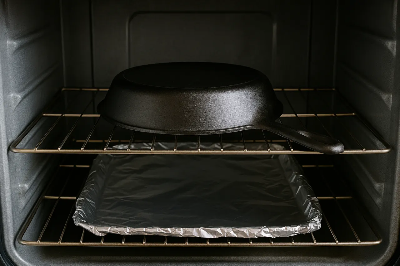 How to clean and season a cast iron skillet — Step 6: Bake to polymerize oil