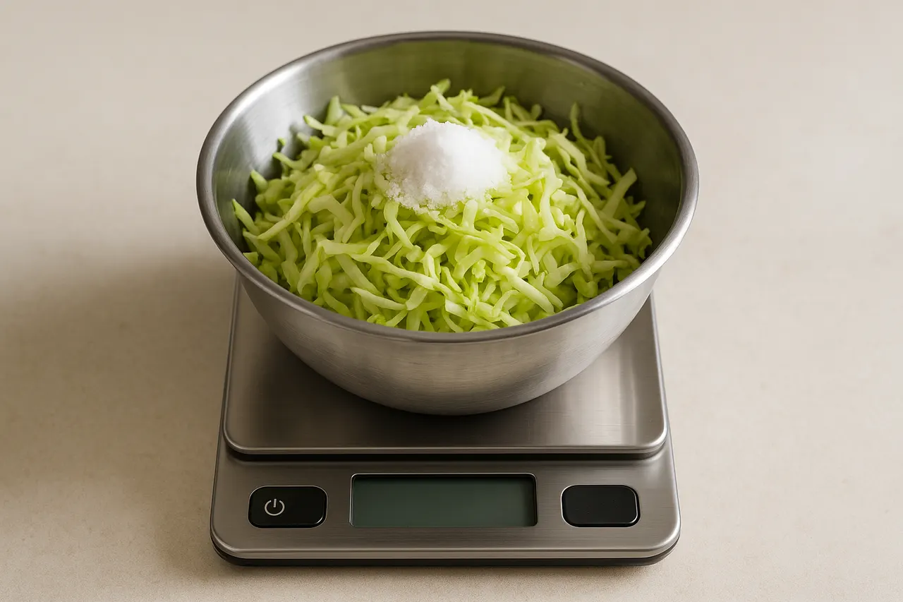 How to ferment vegetables at home (sauerkraut or kimchi) — Step 2: Weigh and mix salt