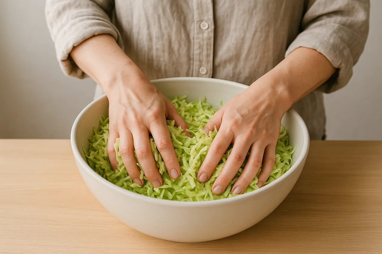 How to ferment vegetables at home (sauerkraut or kimchi) — Step 4: Massage or pound to release brine