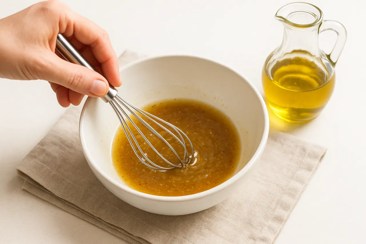 How to make a basic vinaigrette and properly emulsify dressings — Step 4: Slowly incorporate oil while whisking