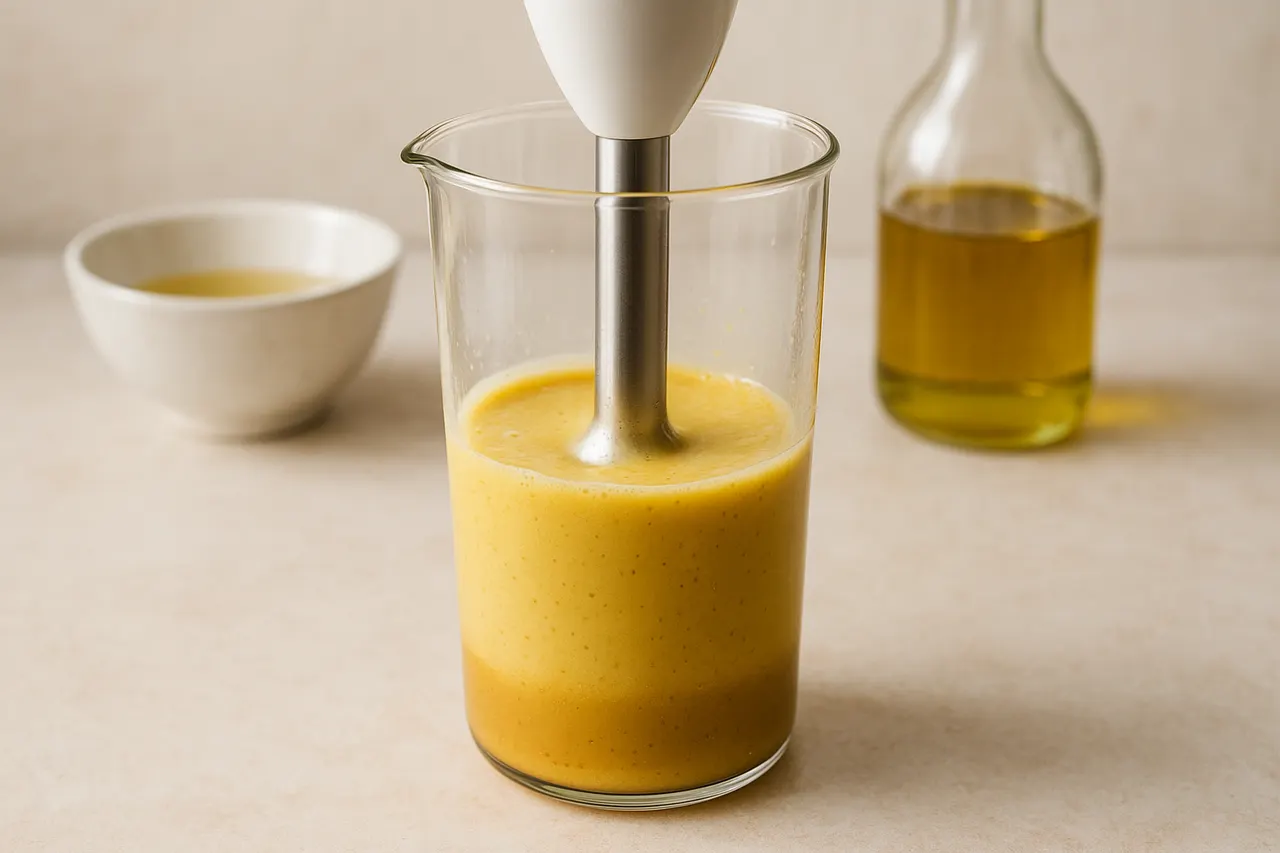 How to make a basic vinaigrette and properly emulsify dressings — Step 6: Use immersion blender for robust emulsion