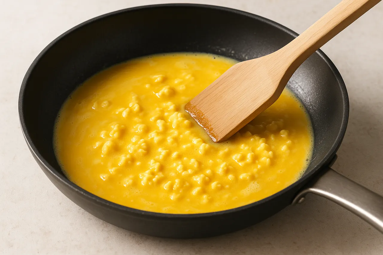 How to make a classic French omelette — Step 4: Add eggs and start stirring