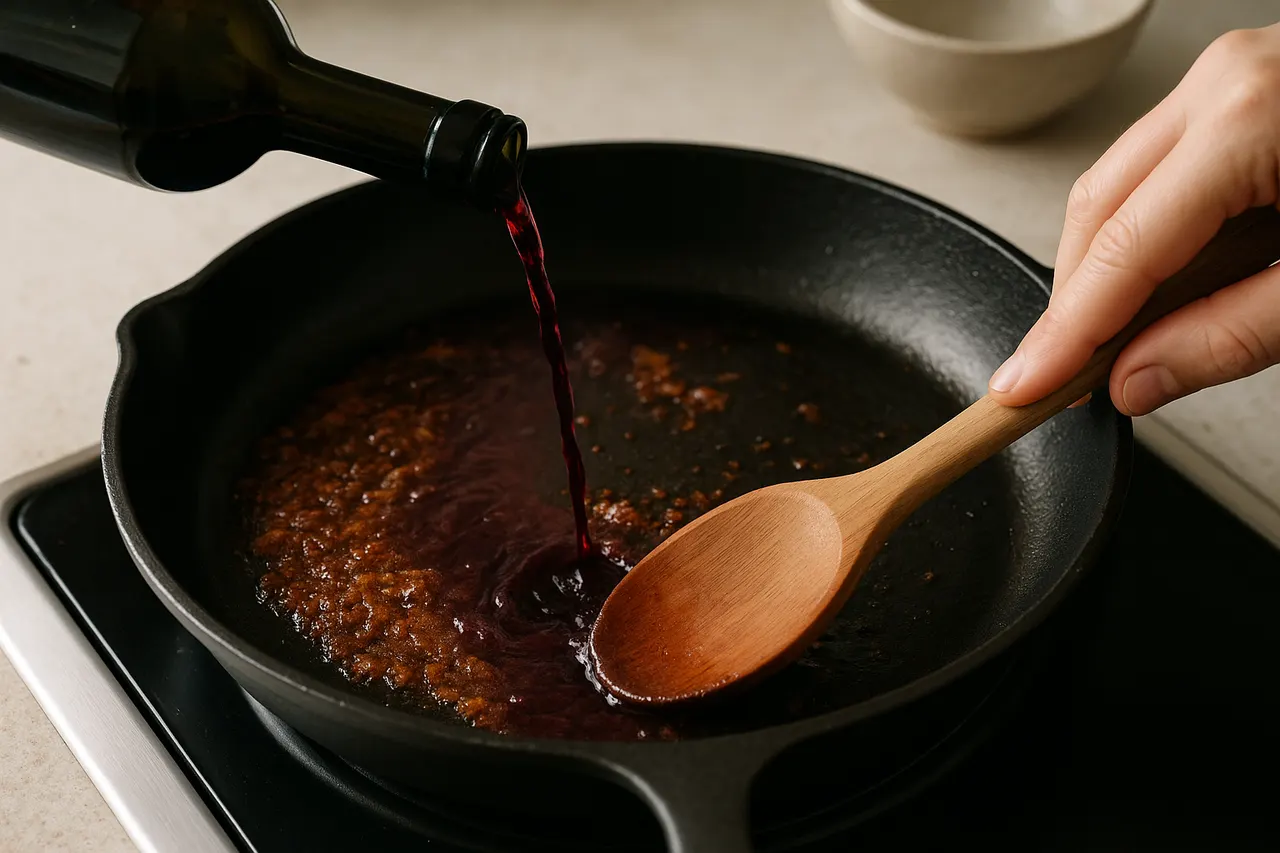How to make a quick pan sauce after cooking meat — Step 3: Deglaze with 30–60 ml liquid