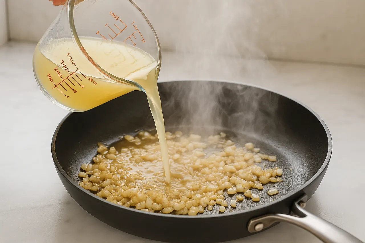 How to make a quick pan sauce after cooking meat — Step 4: Add 60–120 ml stock or cream