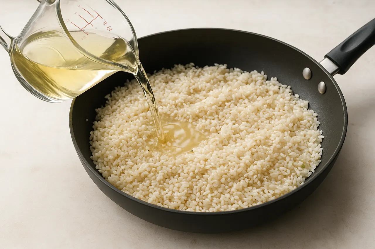 How to make creamy risotto without it becoming gluey — Step 4: Deglaze with measured wine