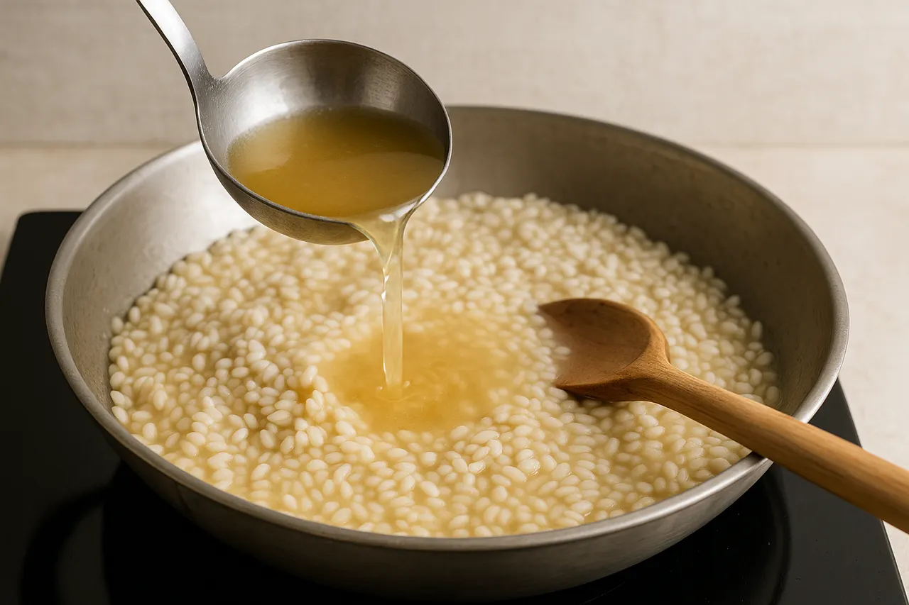 How to make creamy risotto without it becoming gluey — Step 5: Add warm stock gradually