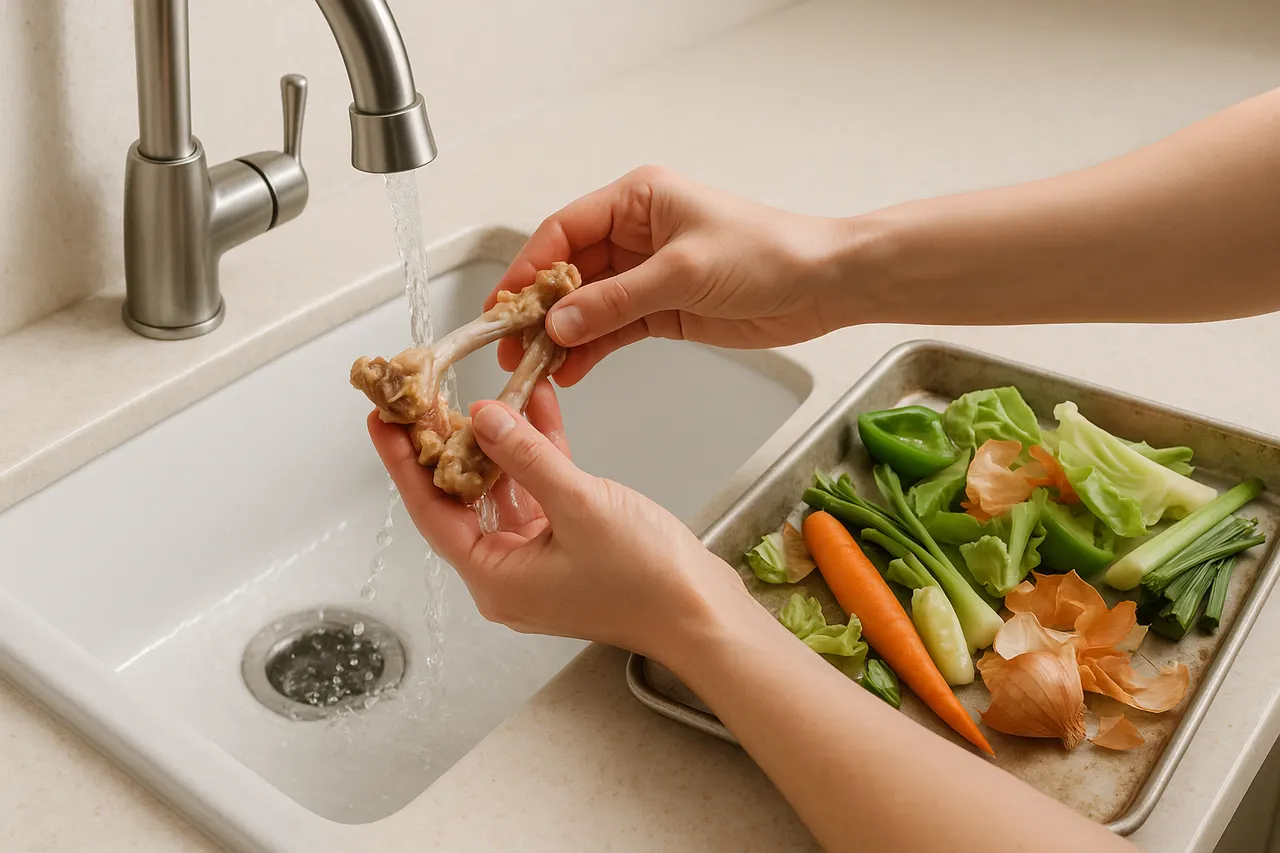How to make vegetable or chicken stock from kitchen scraps — Step 3: Rinse bones and trim soggy scraps