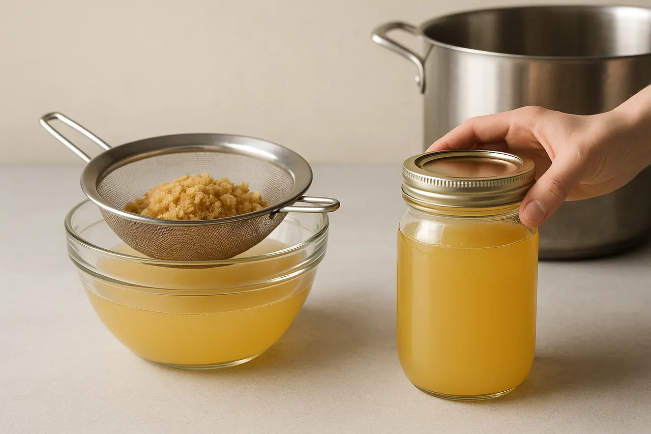 How to make vegetable or chicken stock from kitchen scraps — Step 7: Strain, cool, and store