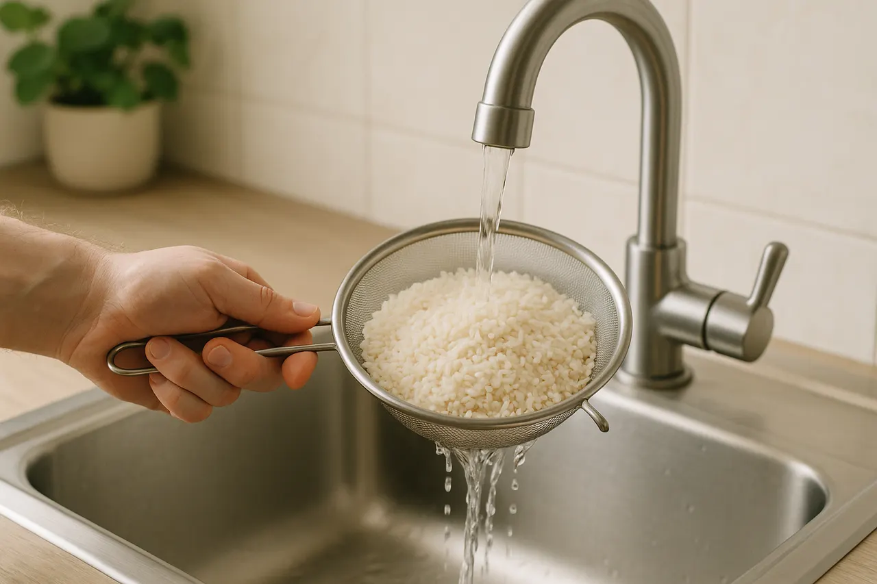 How to prevent rice from sticking to the pot — Step 2: Rinse the rice thoroughly