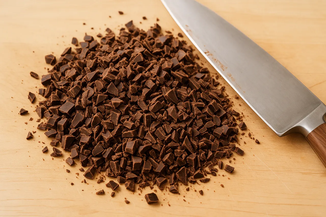 How to temper chocolate for a glossy, snap finish — Step 1: Chop chocolate evenly